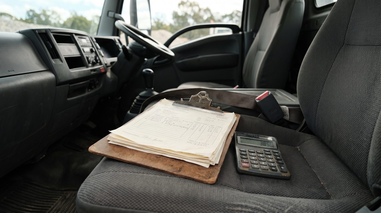 Clipboard of invoices and a calculator on a work truck seat.