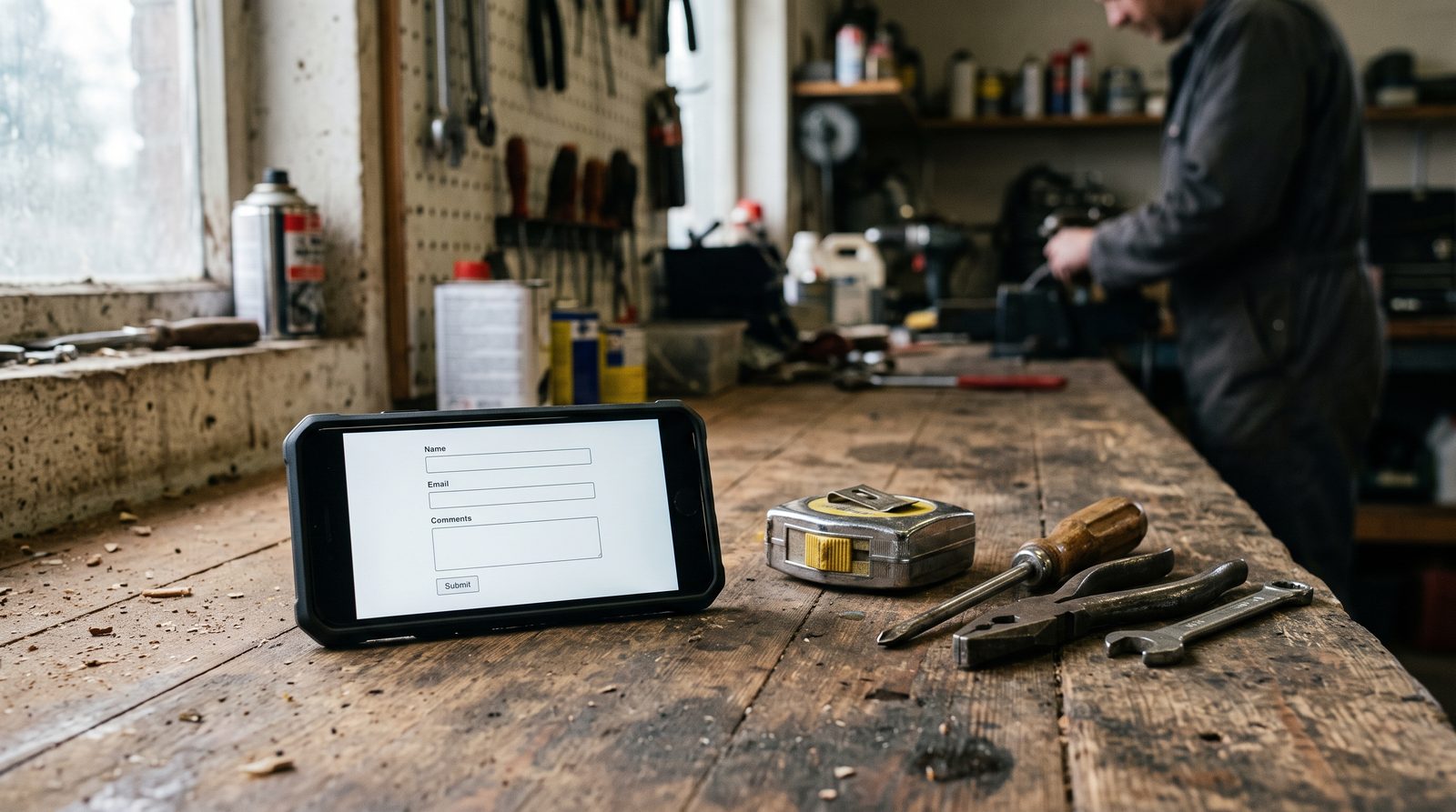 Phone on a workbench showing a simple estimate request form.