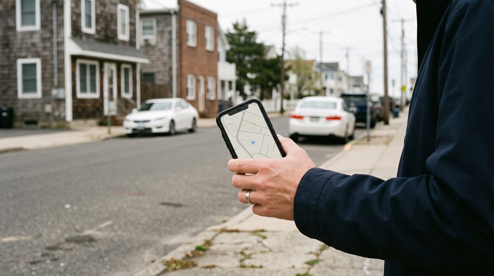 Hand holding a phone showing a plain map view on a coastal street.