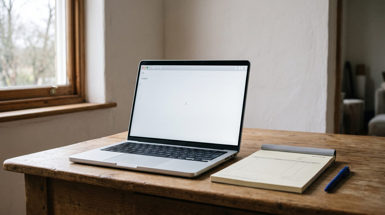 Laptop showing an empty email compose window beside a paper invoice pad.
