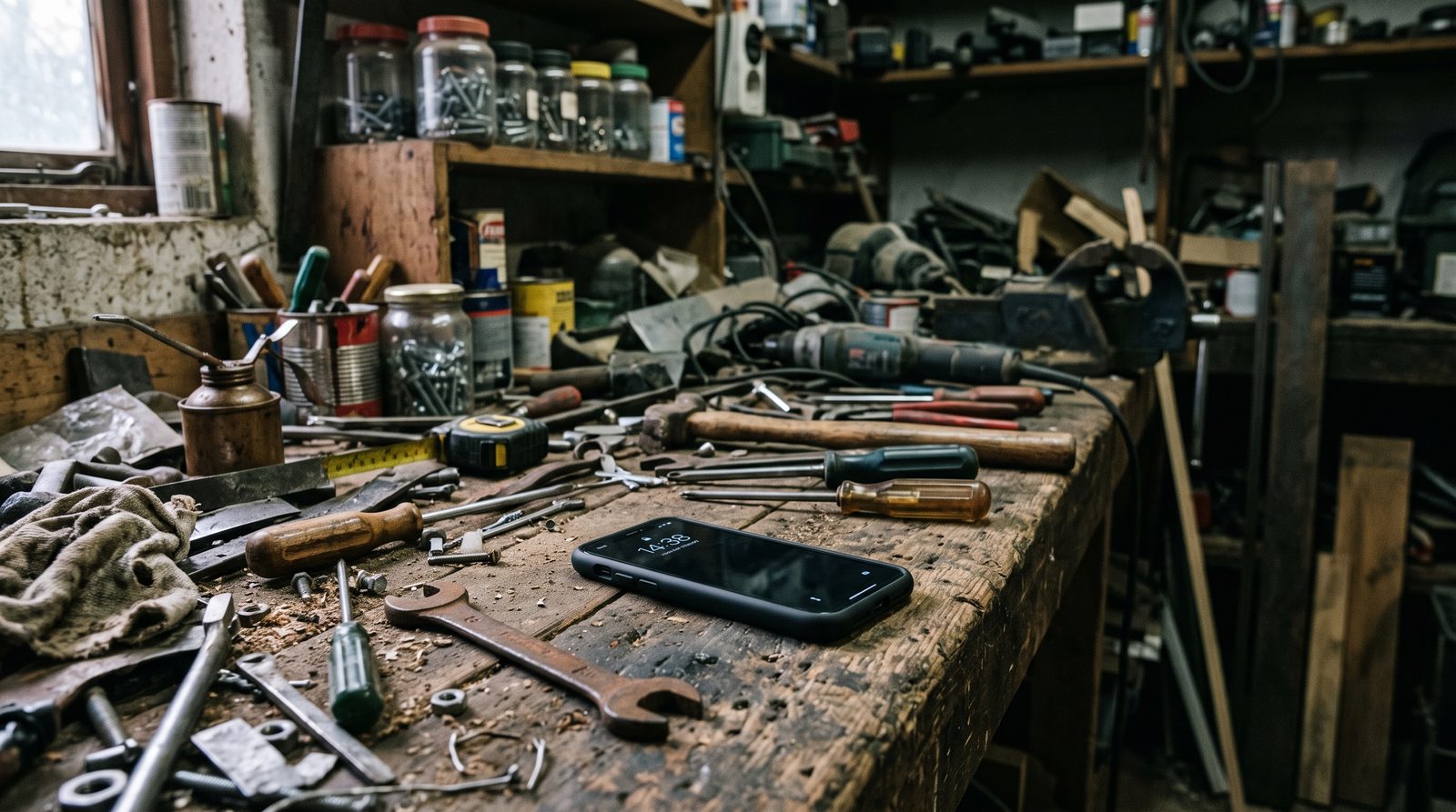 Silent phone lying on a workshop bench among hand tools.