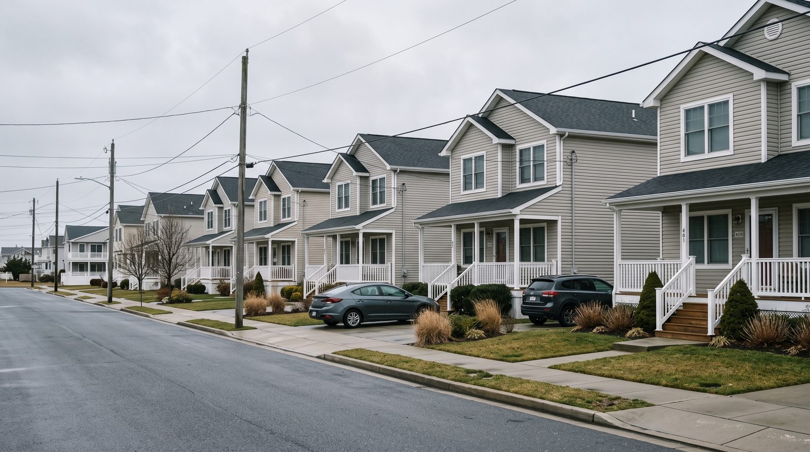 Row of near identical houses on a shore development street under flat light.