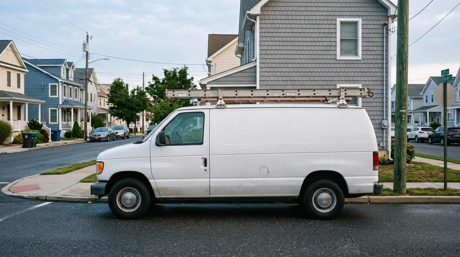 Unmarked work van parked on a shore town residential street at dawn.