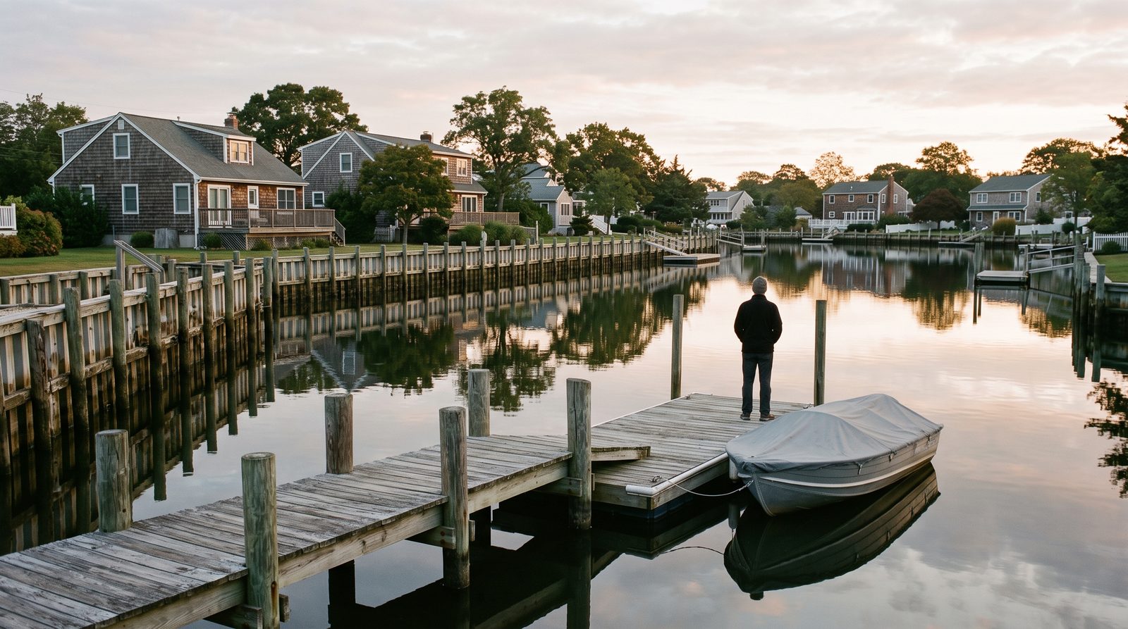 Residential wooden dock on a calm lagoon with a timber bulkhead alongside.
