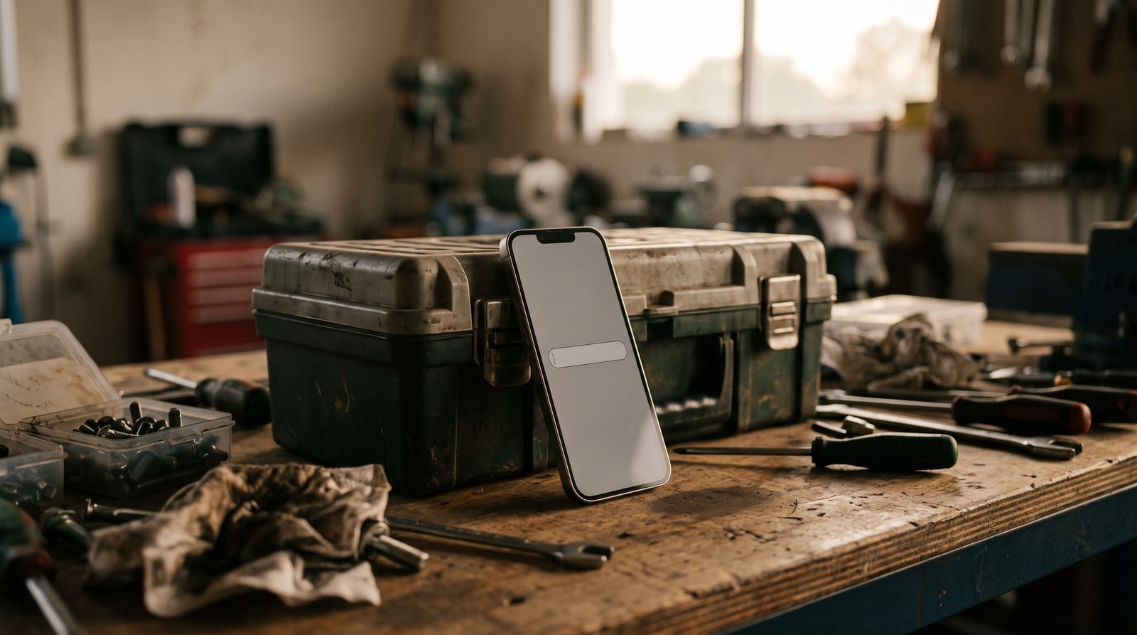 Phone propped on a workbench showing a plain empty input field.
