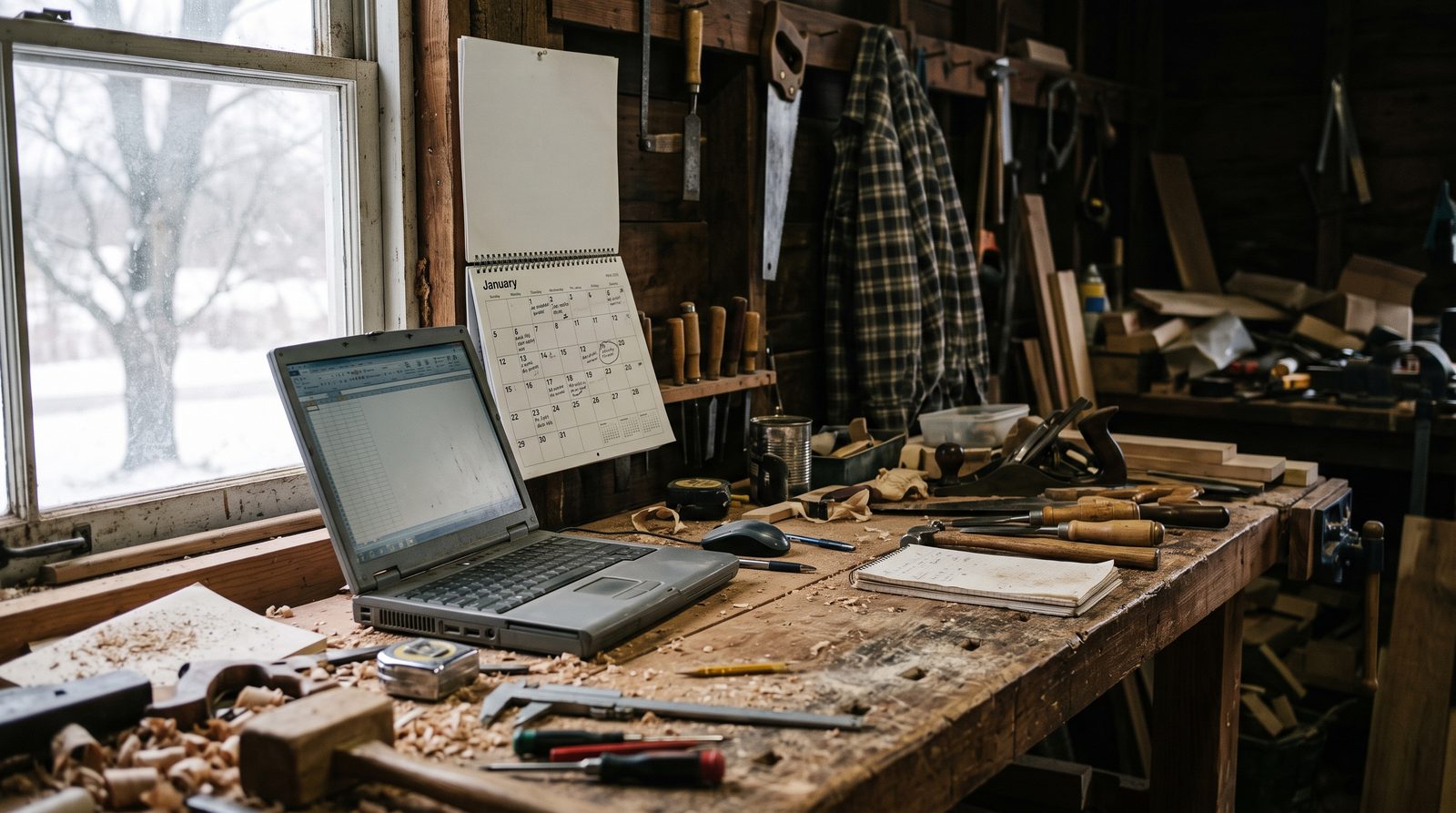Wall calendar and laptop on a workshop bench among hand tools.