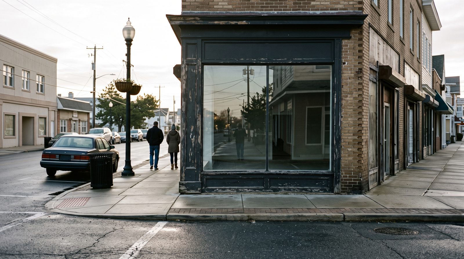 Empty storefront window reflecting a quiet main street at dawn.