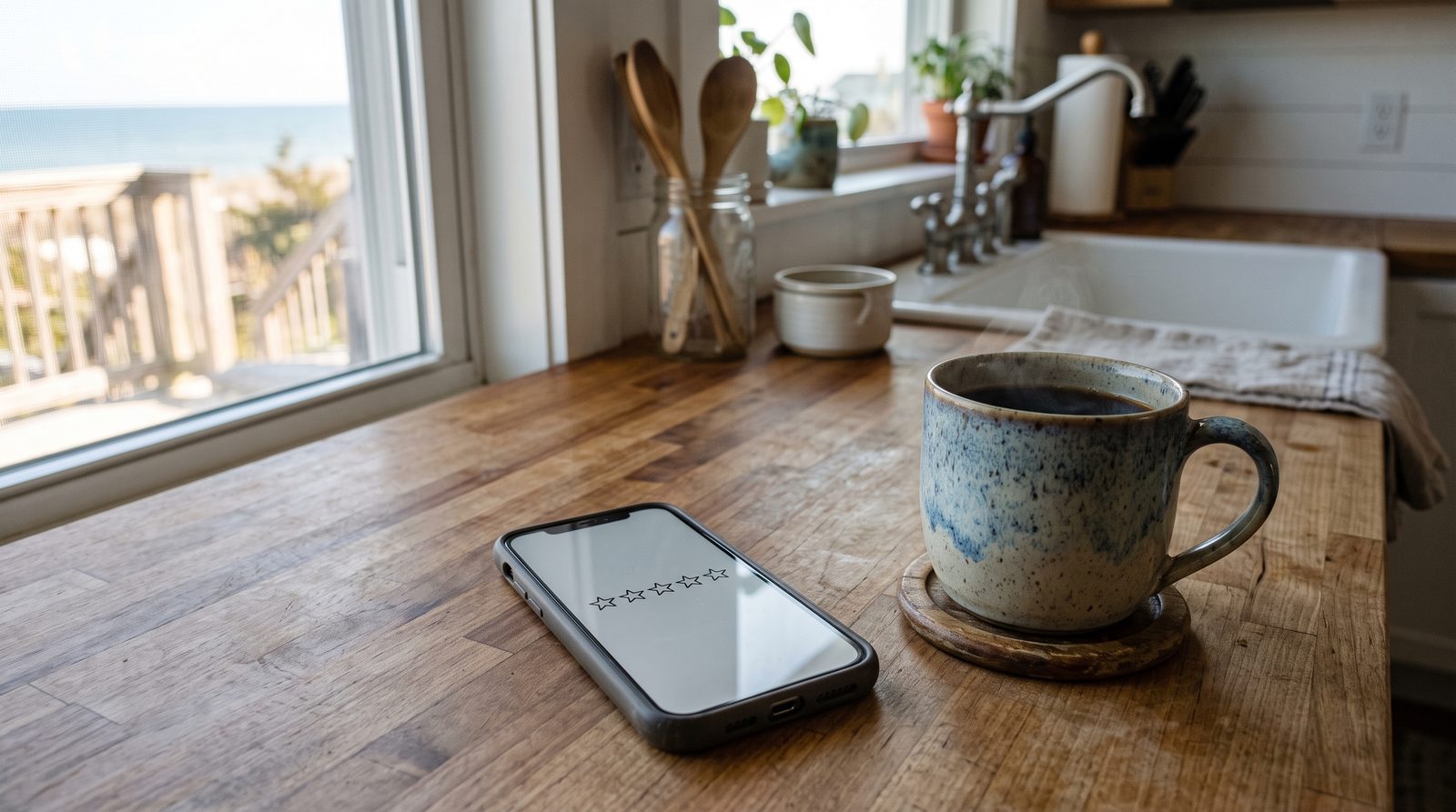 Phone on a kitchen counter showing a row of empty outline stars.