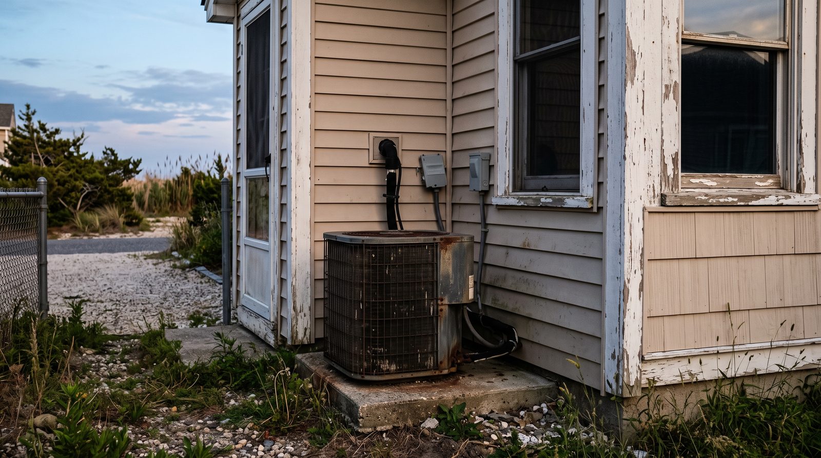 Outdoor HVAC condenser unit beside a coastal home in evening light.