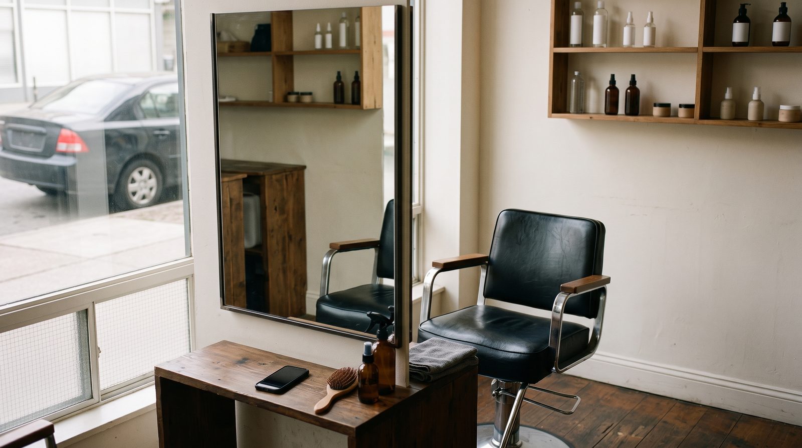 Empty styling chair and mirror in a small independent salon with a phone on the counter.