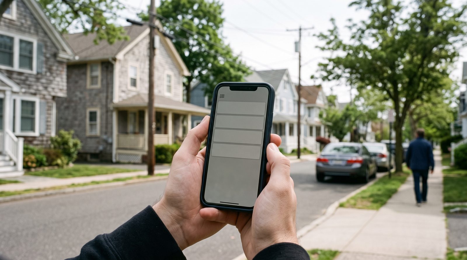 Phone held up on a residential street showing a plain blank list layout.
