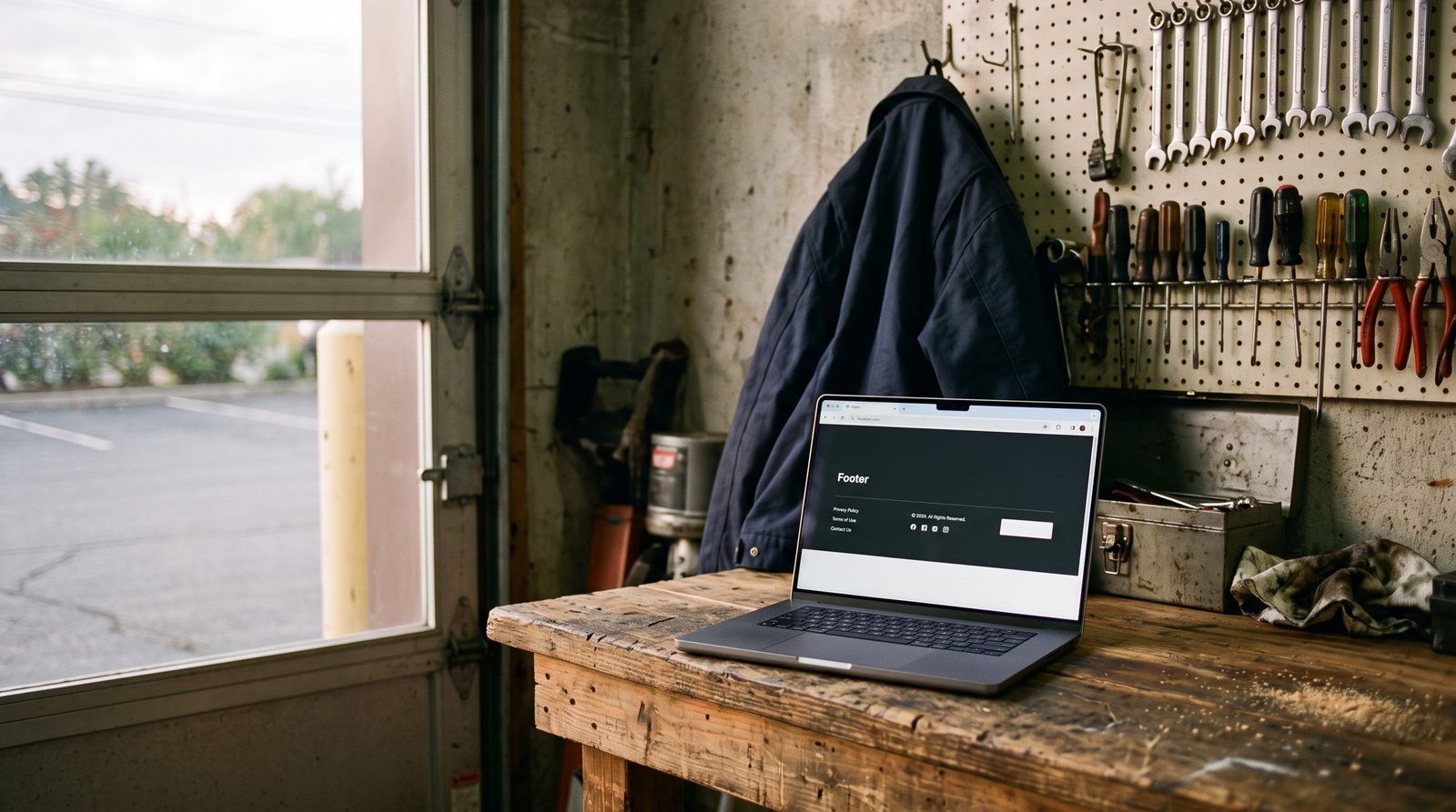 Laptop on a workshop bench showing the footer area of a simple website page.