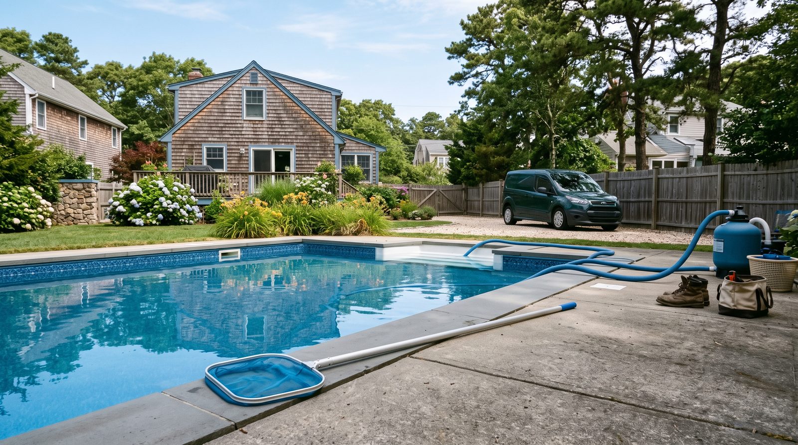 Residential backyard pool mid service with equipment at the edge.