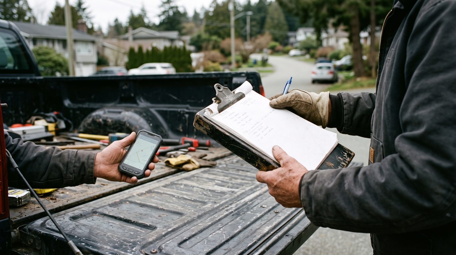 Hands holding a clipboard and phone on a work truck tailgate.