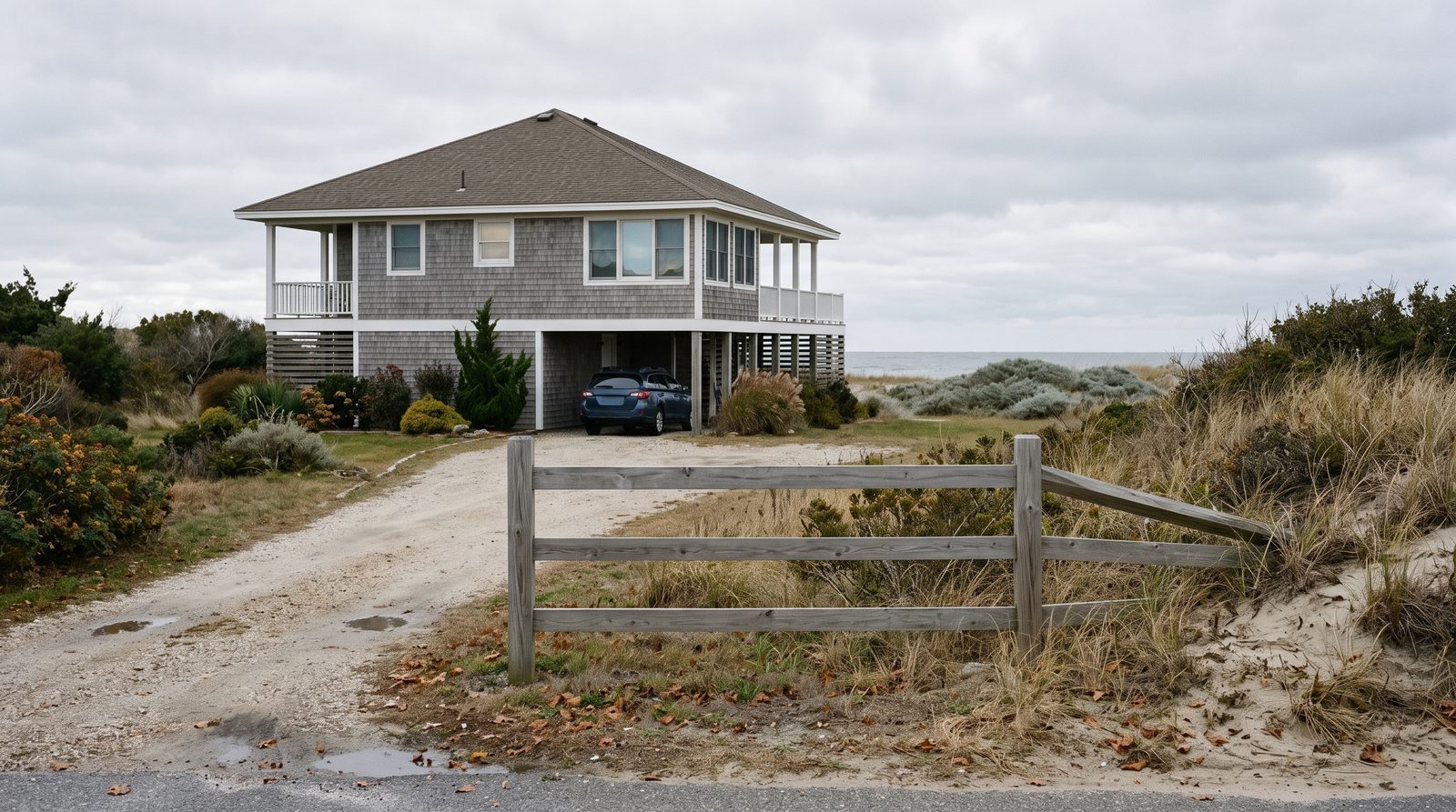 Empty post and rail at the end of a driveway in front of a raised coastal house.