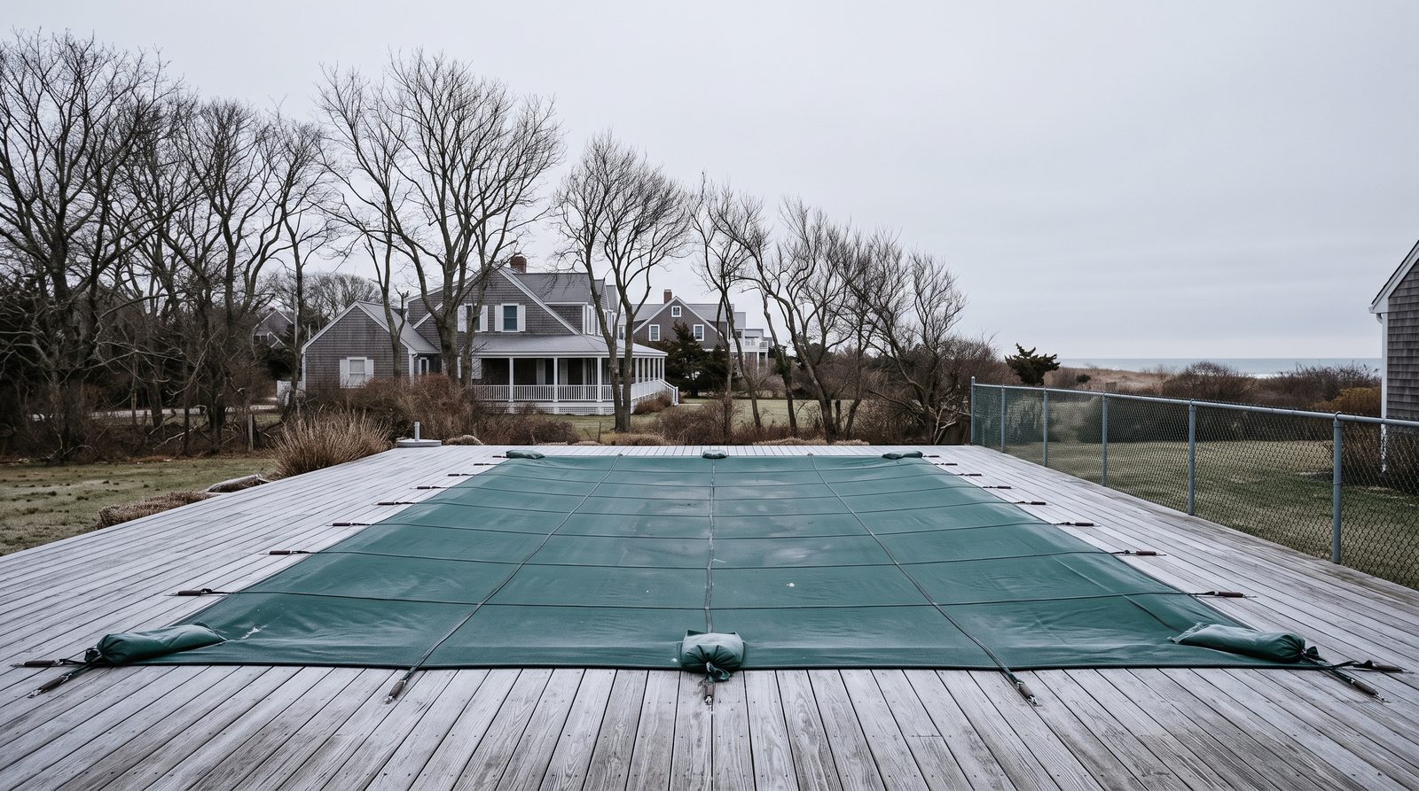 Swimming pool under a winter cover in a coastal back yard with frost on the decking.