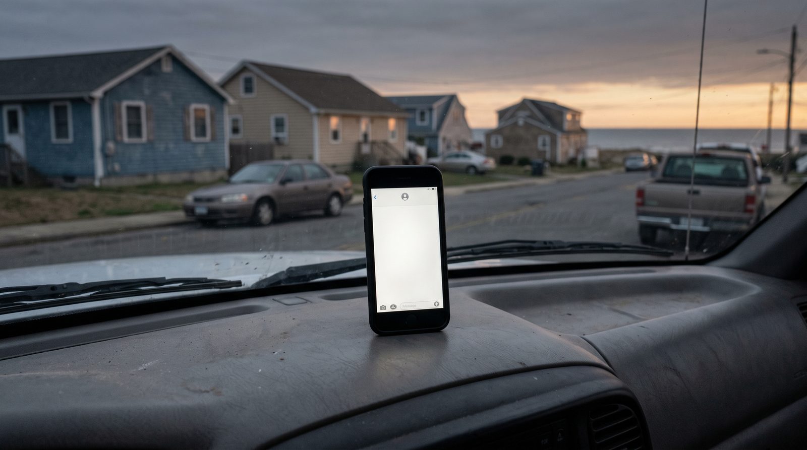 Phone on a work truck dashboard showing an empty message thread at dusk.