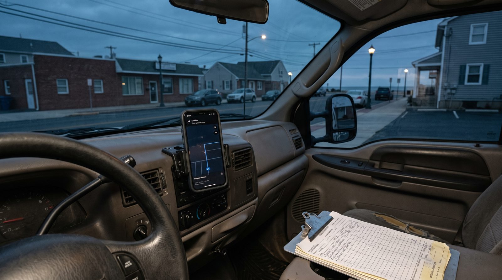 Work truck cab with a mounted phone and a clipboard of job tickets.