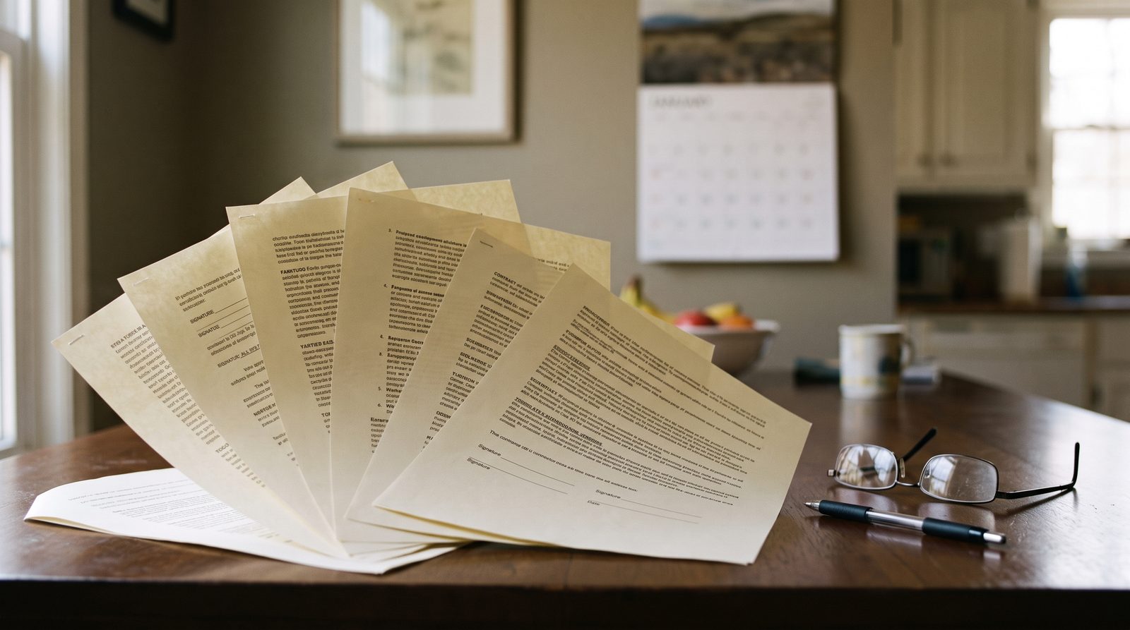Printed contract pages fanned on a table beside glasses, pen and a calendar.