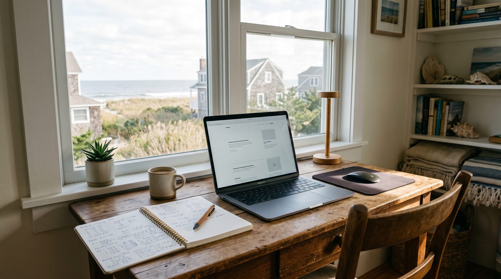 Desk with a laptop showing a simple service business website beside a notebook of figures.