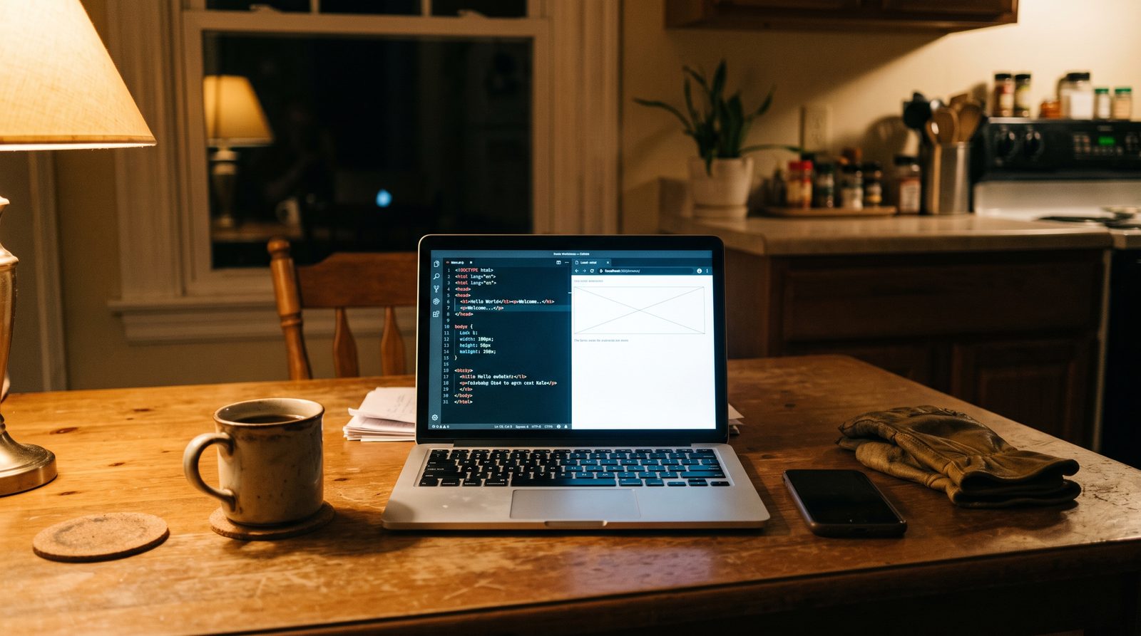Laptop on a kitchen table at night showing a half finished website.