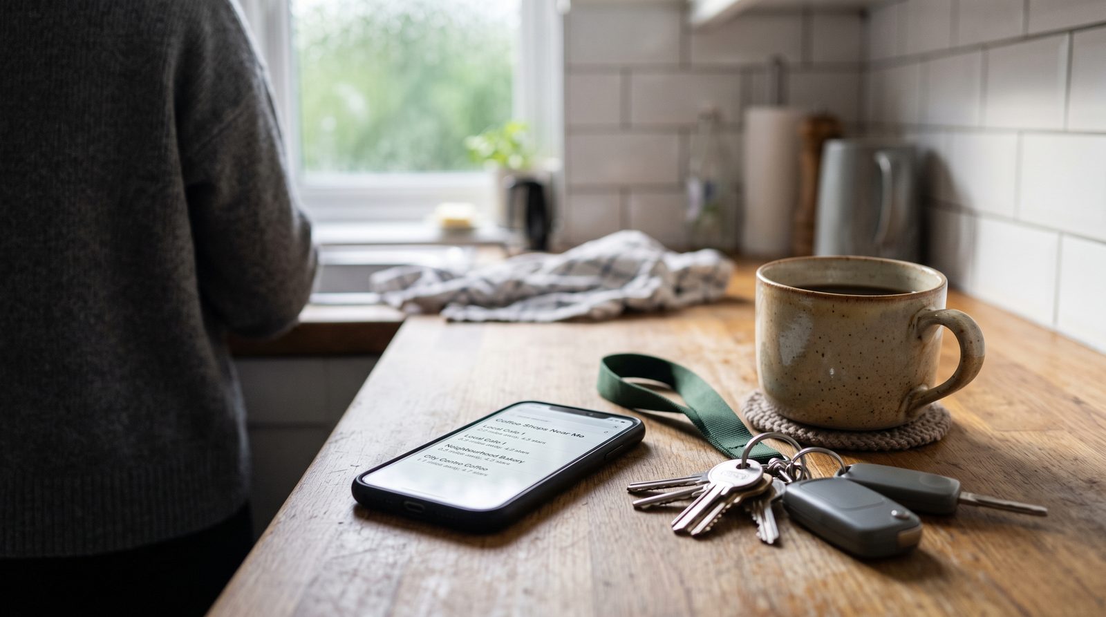 Phone on a kitchen counter showing a plain list of local search results.
