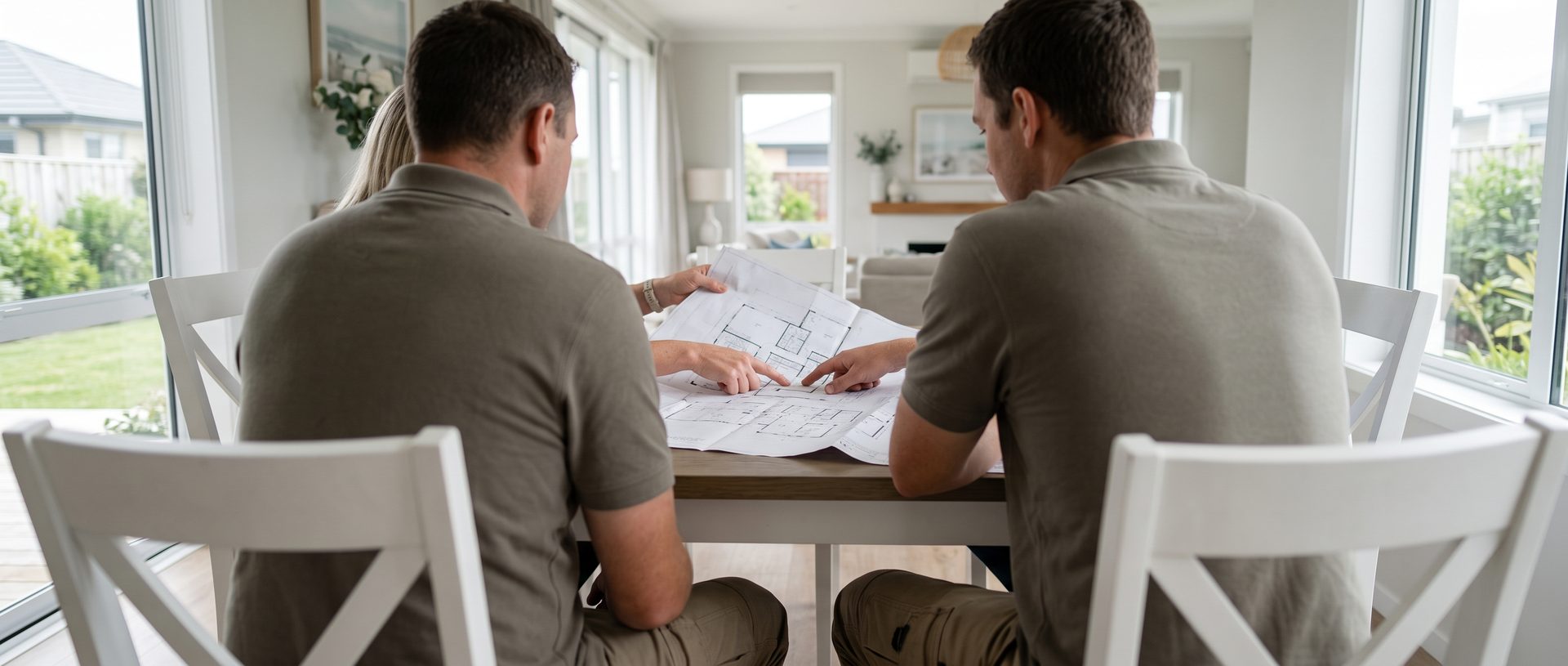 Real estate agent reviewing housing plans with couple