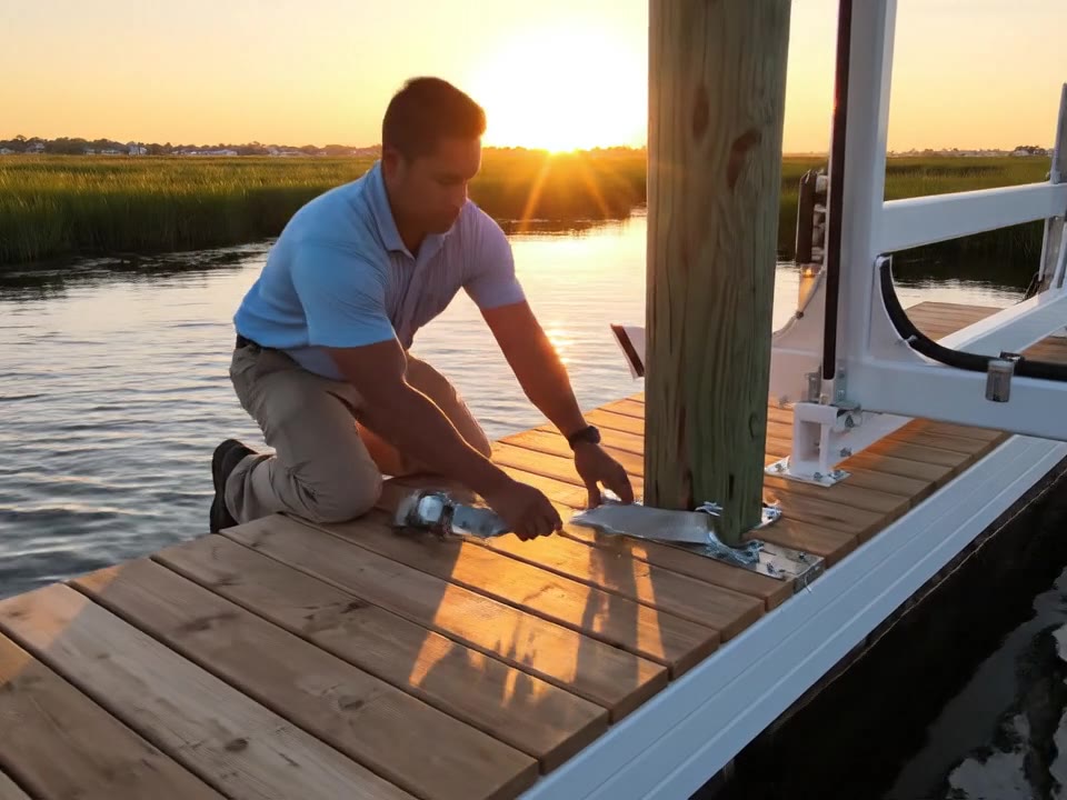 Marine construction work along a residential waterfront