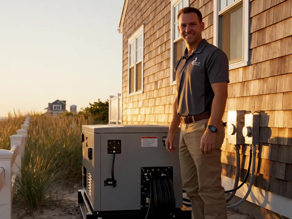 An electrician working beside a standby generator at a shore home