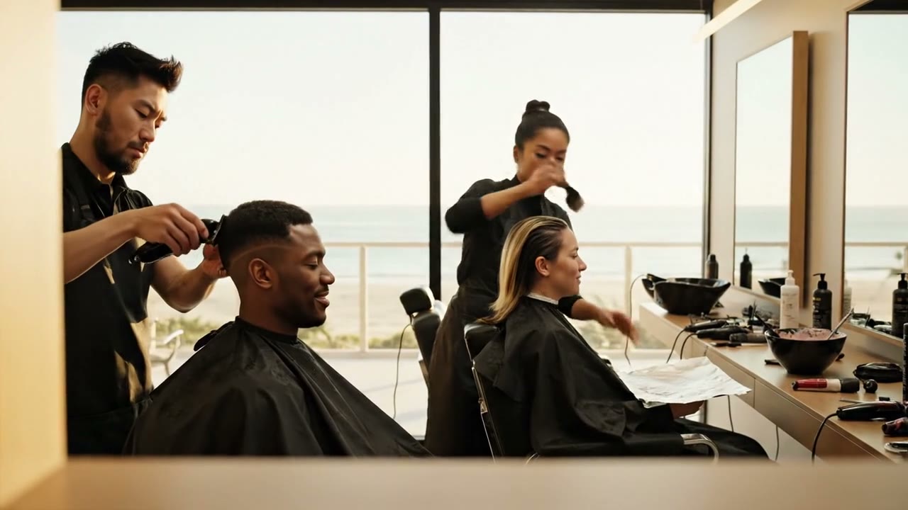 A stylist finishing a cut inside a bright coastal studio