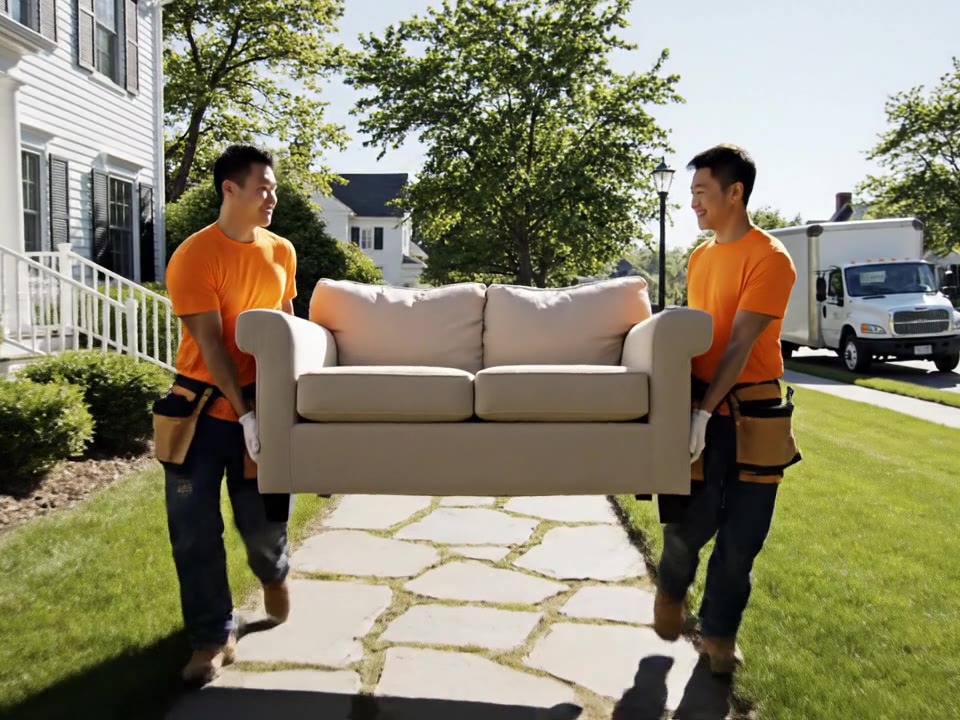 A junk removal crew carrying a sofa toward a plain truck