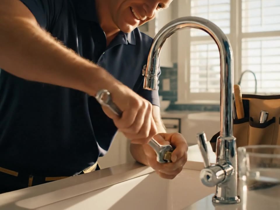 A plumber working neatly inside a bright shore home