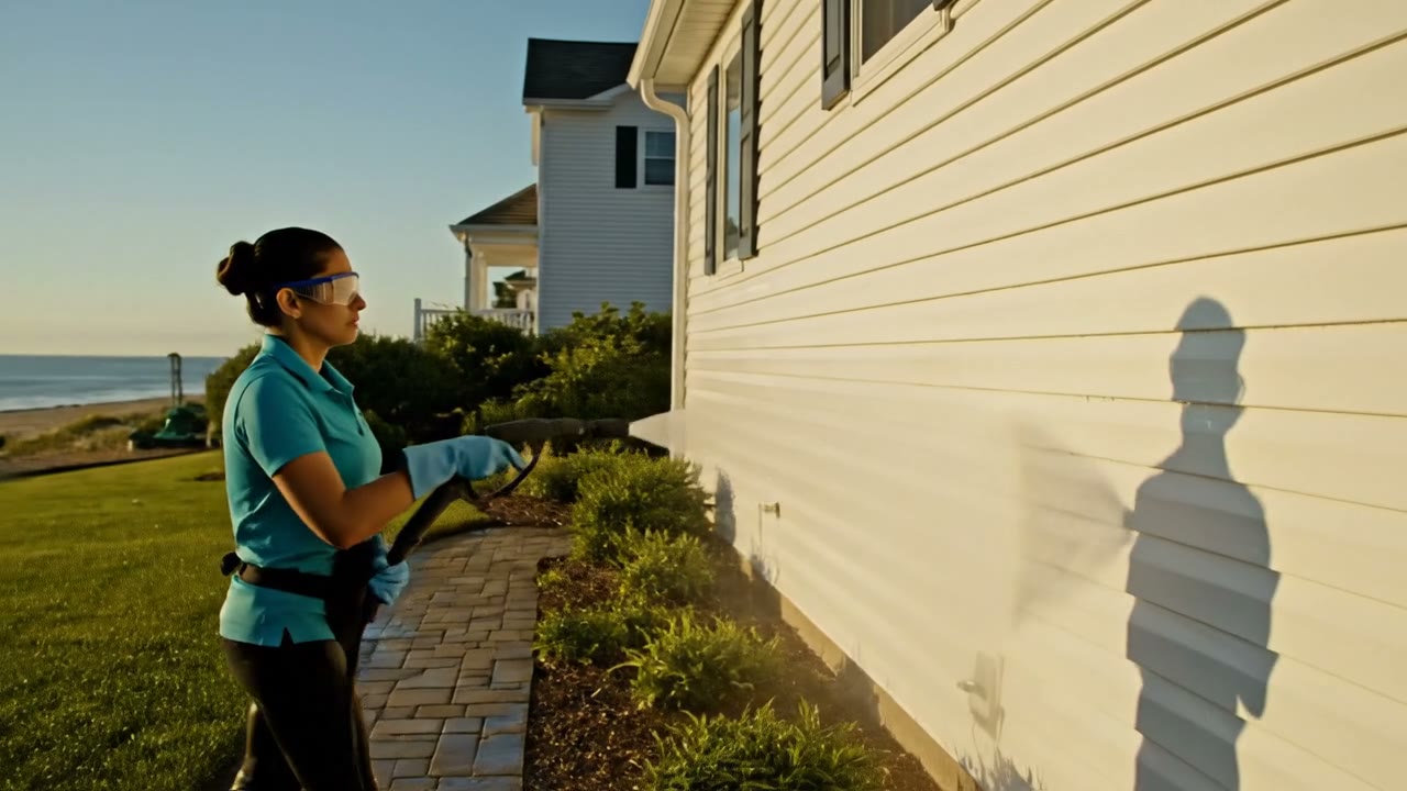 A ClearCoast Power Washing crew soft washing a home exterior